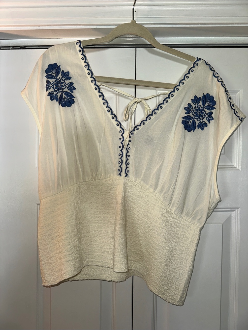 Old Navy Cream V-Neck Blouse with Blue Floral Embroidery